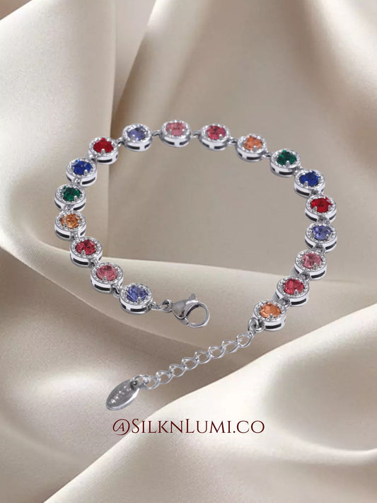 Coloured Zirconia-Stoned Silver Bracelet
